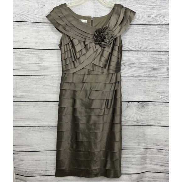 London Times Tiered Satin Sheath Dress With Flower Detail, Size 6 - Picture 1 of 2